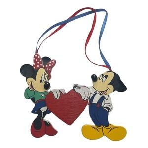 Disney Minnie & Mickey Mouse Wooden Love Heart Silk Ribbon Christmas Ornament 5"